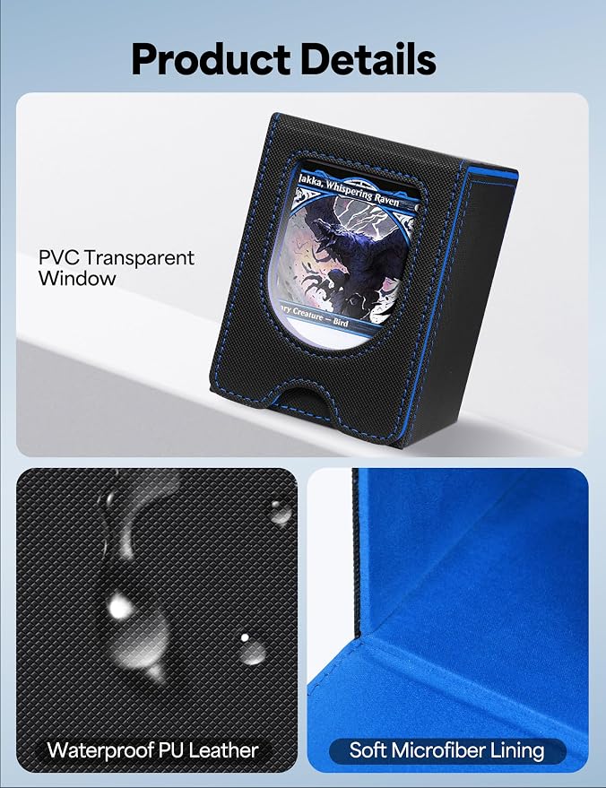 Card Deck Box for MTG Commander, Card Case Holds 100+ Double-Sleeved Cards, Magic Card Box Fits for TCG/PTCG/CCG Card with 2 Dividers (Black&Blue)