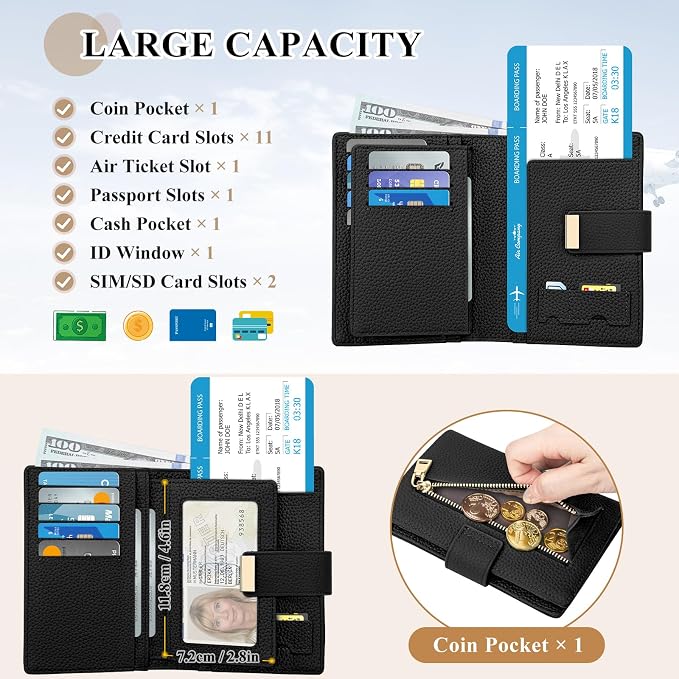 BKNOOU RFID Blocking Passport Holder with Airtag Slot- Leather Travel Passport Wallet for Women & Men, Slim Bifold Travel Passport Holder Holds Cards & Tickets & Cash (Black)