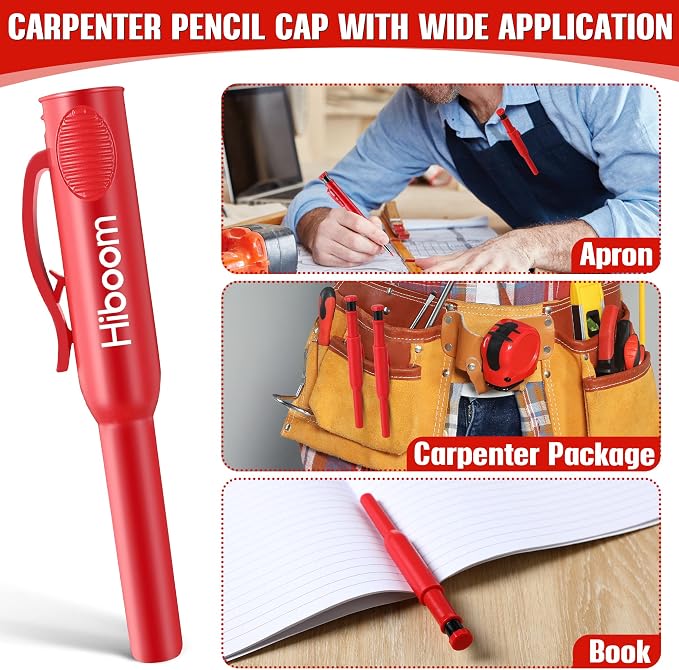 Hiboom 3 Pack Carpenter Pencils Set with 24 Refills | 2.8 mm Carpenters Mechanical Pencil Built in Sharpener, Woodworking Marking Tool Solid Deep Hole Construction Pencil
