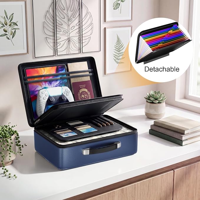 Fireproof Document Box, Hard Briefcase Fireproof Safe for Home Documents | Fire proof file box for documents, detachable accordion file organizer, waterproof digital document organiser briefcase