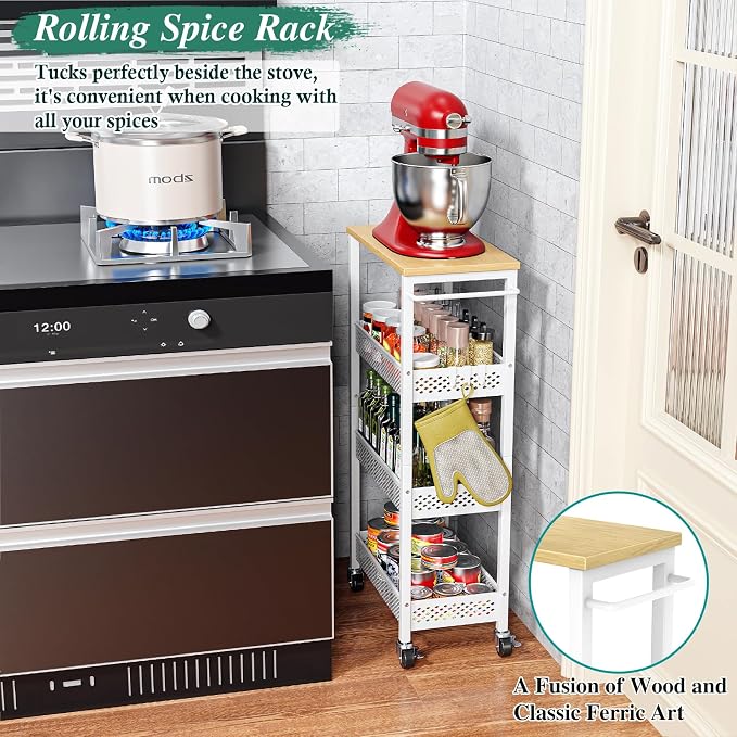OKZEST 4-Tier Slim Rolling Storage Cart for Laundry Room, Bathroom, Kitchen | Upgraded metal hub casters, Narrow utility cart for small space/gaps, Premium wood top & metal mesh shelf, with handle & hook