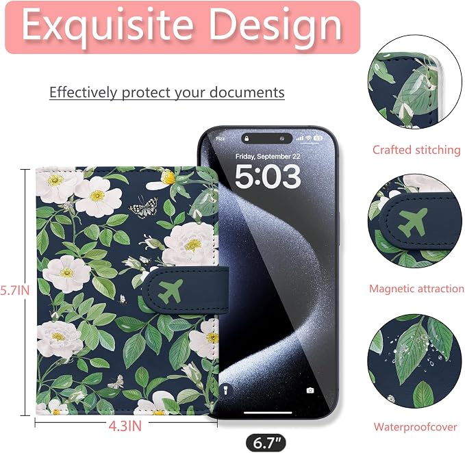 Passport Holder, Cute Travel Wallet Cover with RFID Blocking,flower | PU leather travel wallet with magnetic closure, card slots, pen loop, and easy access for passports and essentials.