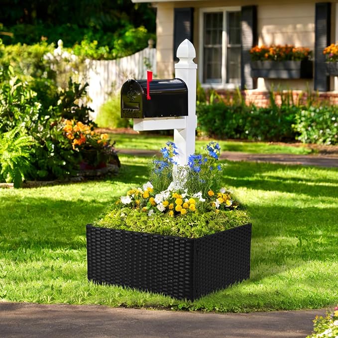 SUNNYPARK Mailbox Post Wrap Planter Box 24x24x12inch | Handmade All-Weather PE Rattan, Easy Assembly, Fits for 4x4 6x6 Posts, Flower Planter Box Decorative for Mailbox Post Outside