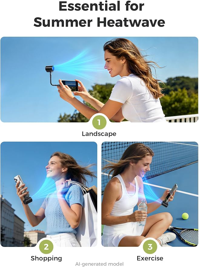 Aecooly Powerful USB C Phone Fan with Flexible Rod, 17000 RPM High Speed | Compatible with iPhone, iPad, Tablet, 4 Speed Mini Portable Phone Fan Attachment for Summer, Travel, Gifts for Women-Black