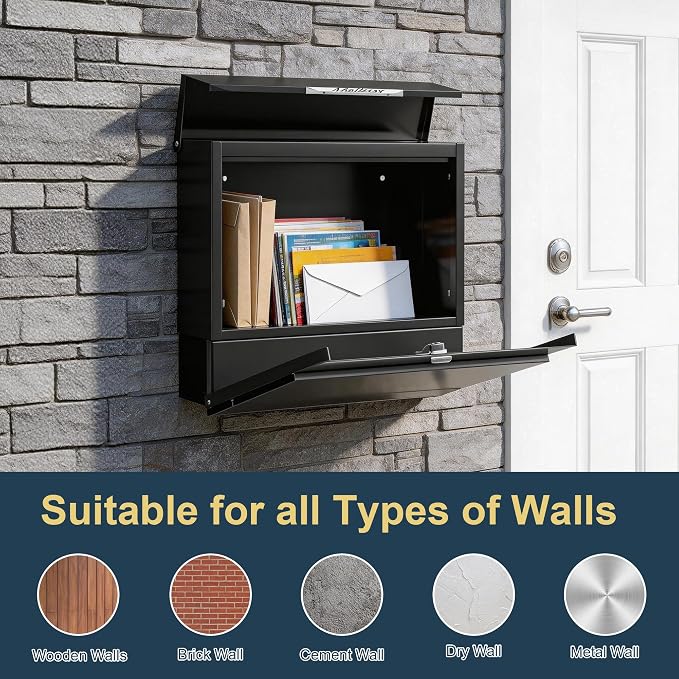 Modern Black Mailbox Wall Mount for Outside, Large Locking Security Key Drop Mail Box, Heavy Duty Galvanized Steel Post Box for House, Weatherproof Collection Box (14.57"x14")