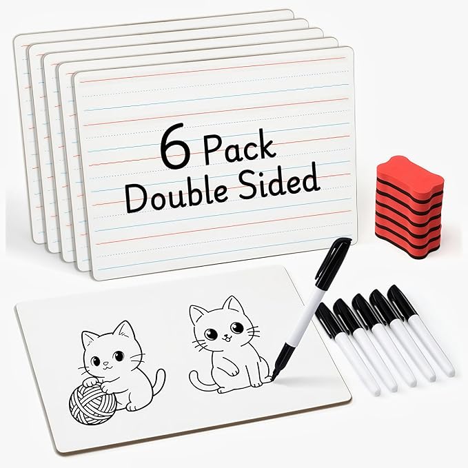 GAMENOTE 6 Pack Dry Erase Lap Boards, Lined and Blank, 9 x 12 in | 6 pack double sided 9 x 12 boards pair a lined side with a blank side for reusable writing practice.