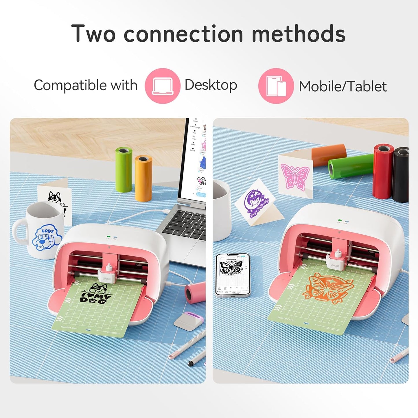 S501 Vinyl Cutter Machine with Built-in Storage, Die Cutting Machine of Multi Material Vinyl, HTV, Cardstock, Paper, Includes Cutting Mat, Black Pen, Weeding Tool, Pink