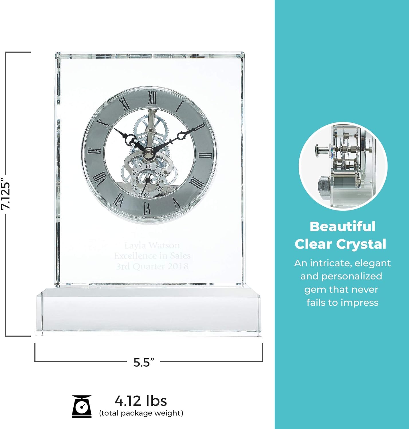 Baudville Engraved Clock Trophy - Executive Crystal - Rectangular Shaped on a Rectangular Base - Silver Inset Time Piece (Silver)