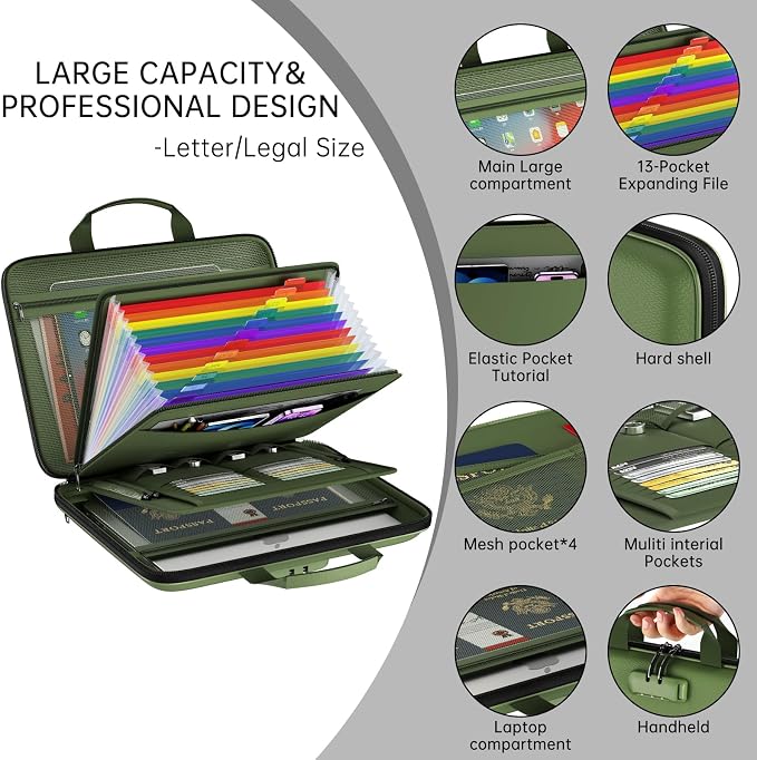 Fireproof File Organizer with Lock, Hard-Shell Document Box, Green | Water Resistant, 13-Pocket Expanding Folder, Portable Safe Storage for Letter Legal Files, Laptop, Valuables, Large Capacity