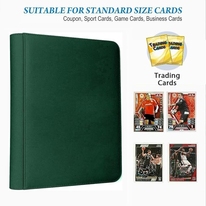 12 Pocket Card Binder, 720 Pockets PU Leather Zipper Trading Card Collection Album, Side-Loading Card Storage Folders for MTG, TCG, Game/Sport Crads (Green, 12 Pockets)