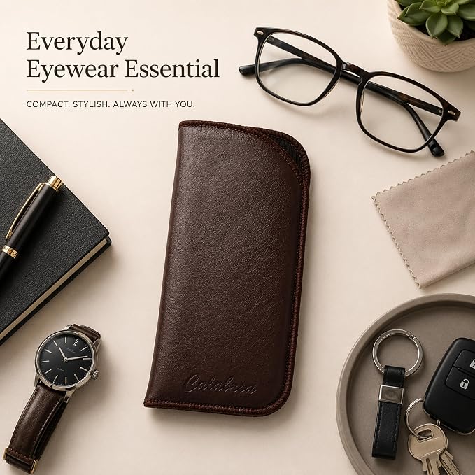 Calabria Half Slip-in Soft Eyeglass Case PU Leather Felt Brown Men Women Vertical Flat Eye Glasses Pouch Sunglasses Holder - 100PACK
