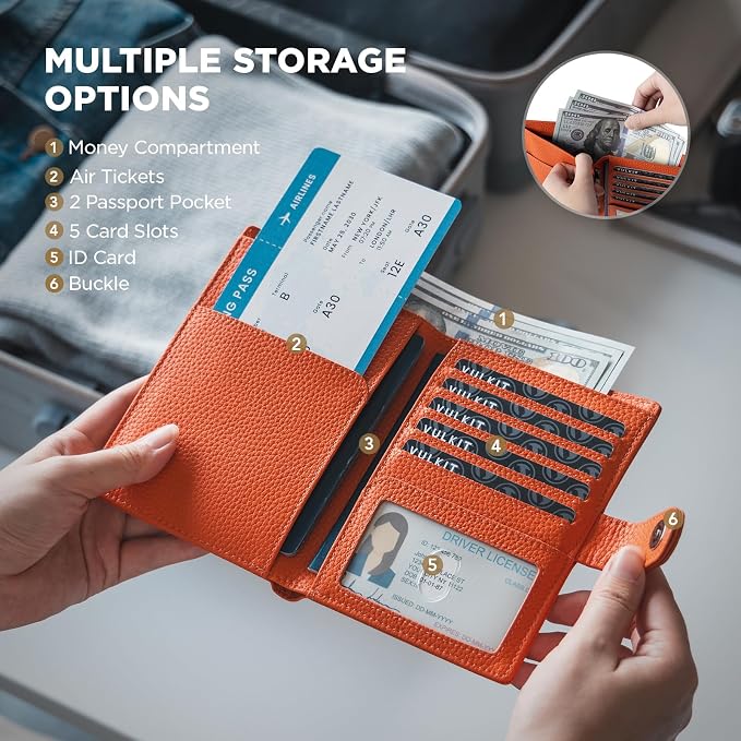 VULKIT Dual Passport Wallet for 2 Passports Airtag Holder RFID Blocking Travel Wallets
