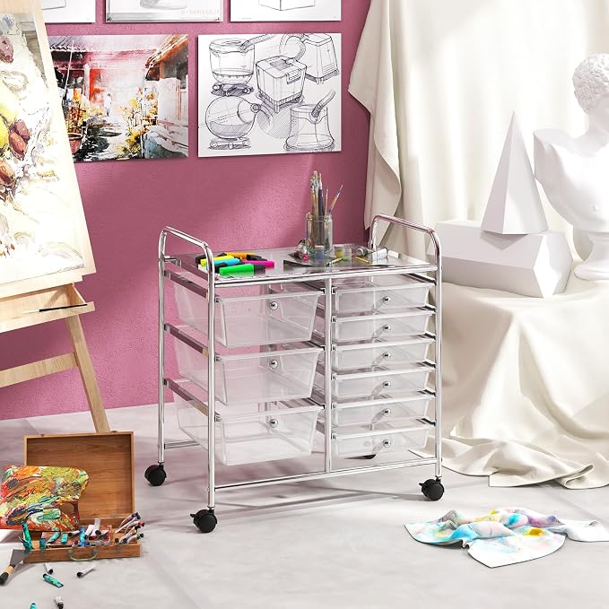 RELAX4LIFE 9 Drawer Rolling Storage Cart - Mobile Drawer Carts for Craft Art Supply Paper Salon, Utility Cart on Wheels for Classroom Teacher School Office, Rolling Cart with Drawers (Clear)