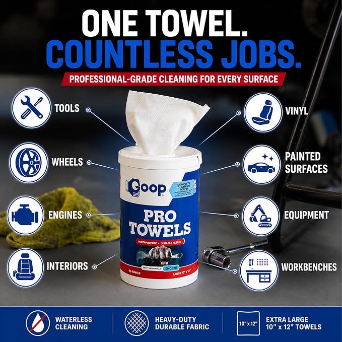 GOOP Pro Towels Heavy-Duty Multi-Surface Cleaning Wipes – Removes Engine Grease, Grime & Paint – Safe for Tools, Machinery & Painted Surfaces – 90 Extra Large 10" x 12" Towels (Pack of 2)