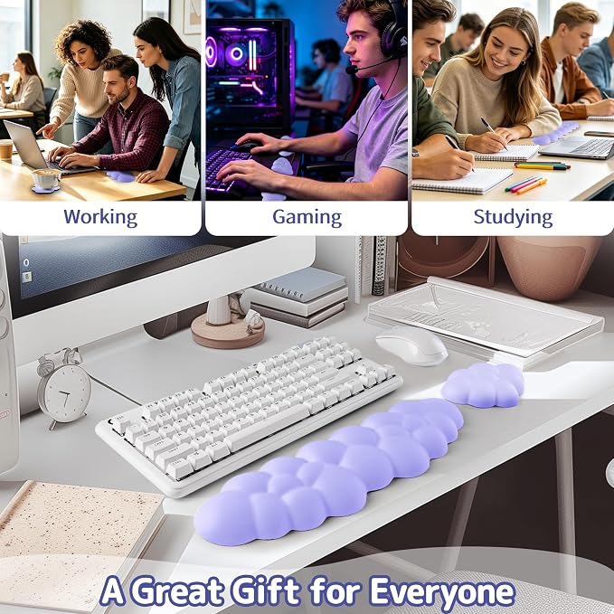 Cloud Wrist Rest Keyboard, Cloud Keyboard Wrist Pad Set with PU Leather Memory Foam, Cute Arm Rest for Palm Support, PC/Gaming Desk Accessories/Office Setup/Computer Hand Cushion - Purple