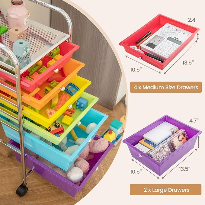 COSTWAY 6-Drawer Rolling Storage Cart, Art Craft Tools Organizer on Wheels | Multifunctional Heavy Duty Utility Mobile Storage Trolley w/ 2 Lockable Wheels for Home Office School (Multi-color)