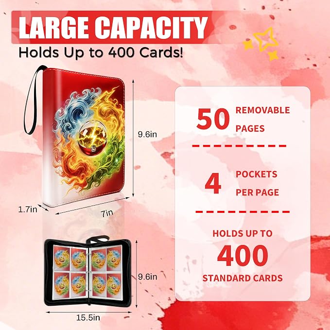4 Pocket Trading Card Binder with 50 Removable Pages, Holds 400 Standard Cards, Secure Zipper Closure & PU Leather Cover for Collectible Games, Sports,TCG