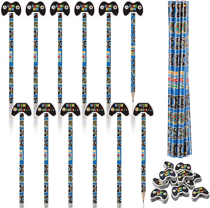 32 Pcs Video Game Themed Pencil with Eraser Video Game Party Favors Gaming Controller Stationery Supplies for School Classroom Exchange Gift Reward Prizes Adventure Vbs Party Supplies