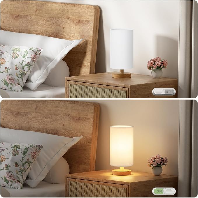 Small Table Lamps (White Shade - Wood Base, 9" Inline Control) | 3000K LED Blub Included | 680 Lumens | Easy Assembly | Minimalist Design | E26 | for Kitchen | for Kids Room