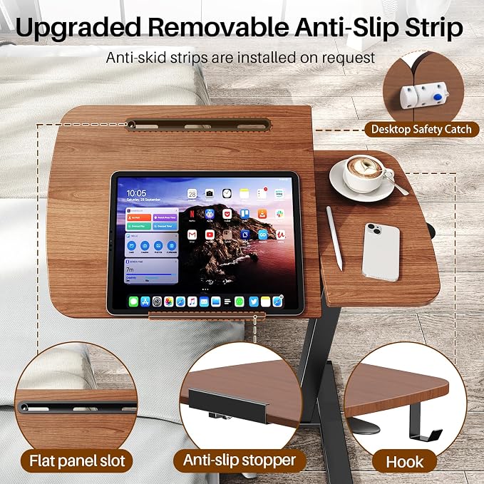 Overbed Table with Wheels, Pneumatic Height and Tilting Desktop | Top Tilts 0-60° with Anti-Slip Stops, Hook, Capacity 66 lbs, 1.18 in Low-Profile Base Slides Easily Under Beds and Sofa