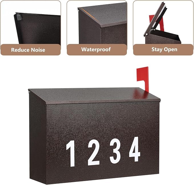 LAND·VOI Wall-Mount Mailbox with One Flag Kit and Three Sets of 0-9 Mailbox Number Stickers, Galvanized Steel Rust-Proof Metal Post Box, Mailboxes for Outside, 4.33" Dx14.2 Wx10.43 H, Bronze