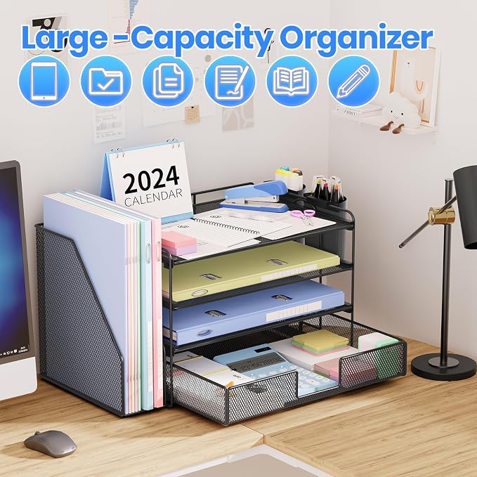 Desk Organizer, 4-Tier Desktop File Organizer with Drawer and Pen Holders, Office Desk Accessories, File Sorters, Workspace Organizers for Office Supplies(Black 2-Pack)