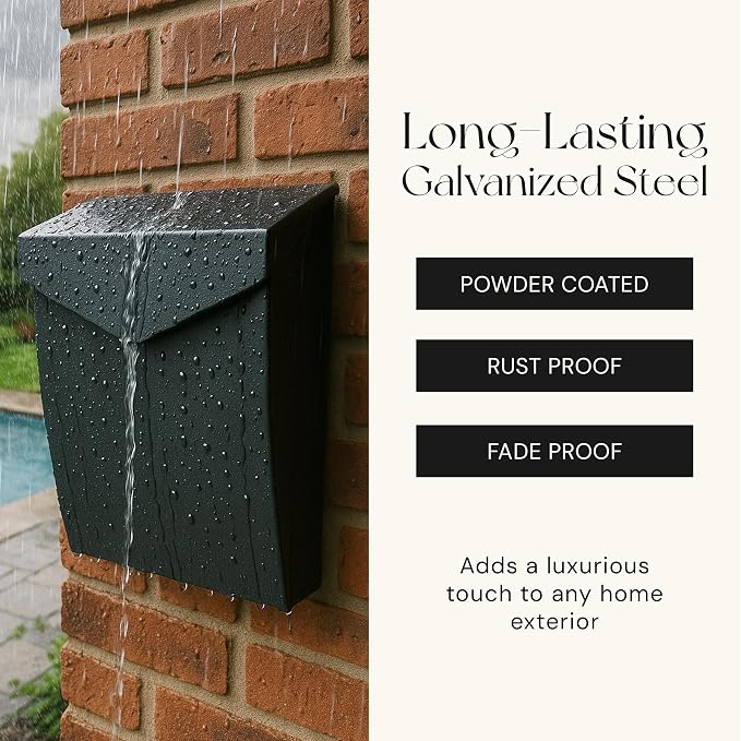 NACH Black Mailbox Wall Mount, 4.8 x 10 x 13 inch Wall Mounted Mailboxes for Outside, Waterpoof Mailbox for House - The Bradley Large Mail Box