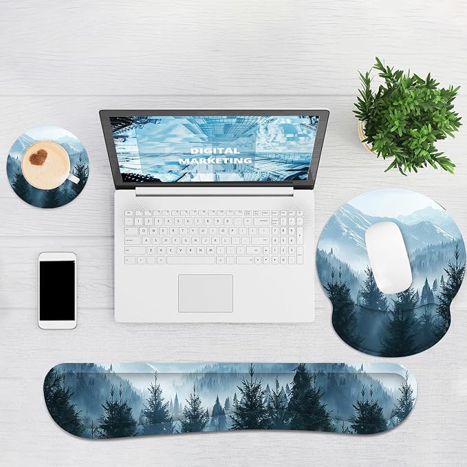 Ergonomic Mouse Pad with Wrist Rest and Keyboard Wrist Rest, Mousepad | Memory Foam Wrist Rest for Computer Keyboard, Pain Relief, Non-Slip Base, Mouse Pad Wrist Support for Gaming, Cloud Forest