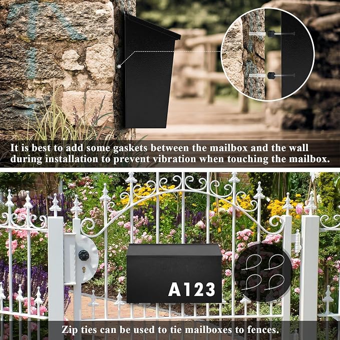 Dalmbox Wall-Mount Mailbox Large Mailbox for Post Rust-Proof Galvanized Steel Box for Outside or Townhouse Horizontal Style, Black, 15.7” x 4.3” x 9.4”