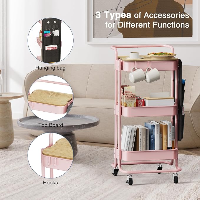 DTK 3-Tier Rolling Cart with Table Top, Metal Utility Cart with Side Bags | Tray Storage Organizer, Lockable Wheels, 4 Hooks, Art Cart for Kitchen, Bathroom, Office, Craft room, Living room, Pink