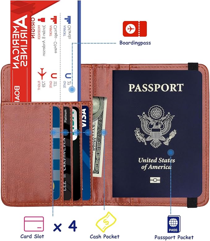 TOURSUIT RFID Blocking Passport Holder, Leather Travel Wallet, Brown | Travel Document Holder Cover Accessories, 3D Metal Badge, For Women Men