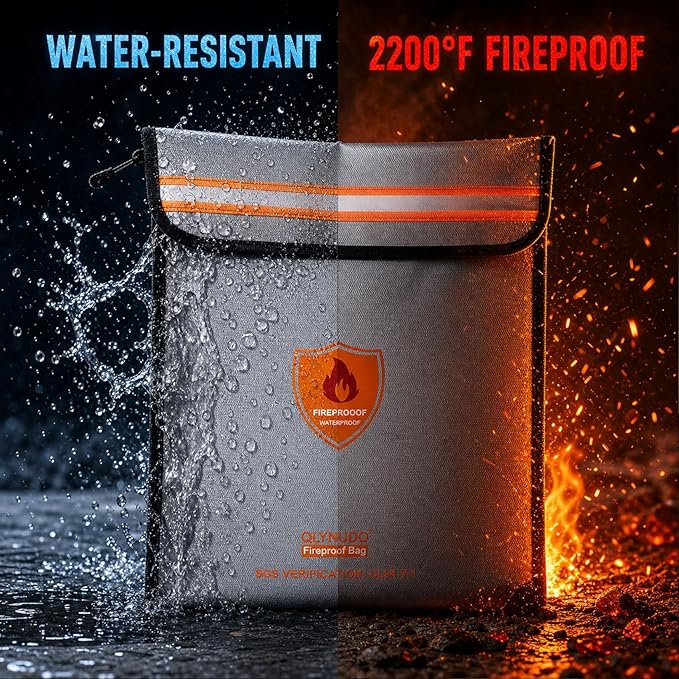 Non-Itchy 2200°F Fire Proof Bag for Documents, 15x11 A4 Storage Pouch | Fire Proof Money Bag for Cash, Fits A4 Files Flat, Reflective Night Strip, Dual-Pocket, Water-Resistant Zipper