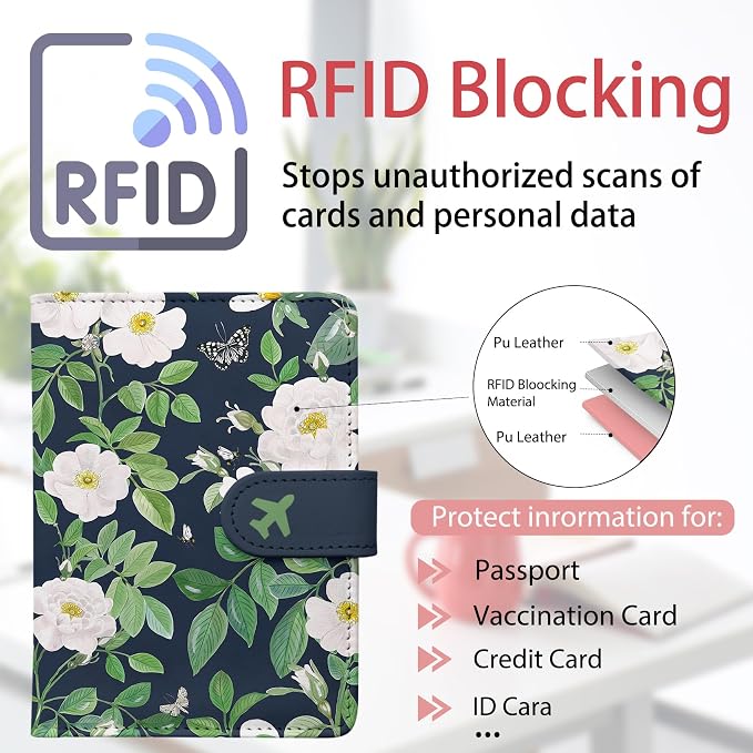 Passport Holder, Cute Travel Wallet Cover with RFID Blocking,flower | PU leather travel wallet with magnetic closure, card slots, pen loop, and easy access for passports and essentials.