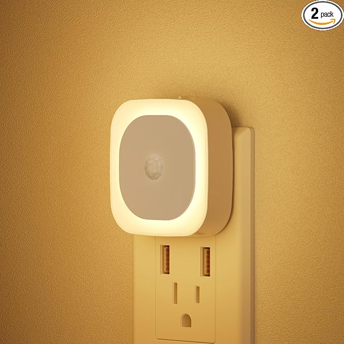YUNLEX 2 Pack Plug in Night Light with Motion Sensor & Dusk to Dawn Sensor, 3 in 1, Dimmable Reflected Light, Warm White Nightlight for Living Room, Bathroom, Hallway, Stairs