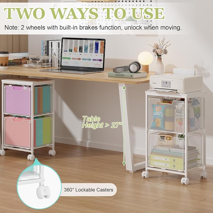 Rolling File Cart with 2 Storage Drawers,Under Desk Storage Cart | Hanging File Folder Organizer with Wheels, Filing Cabinet Mobile Printer Stand Utility Craft Cart for Home Office,White