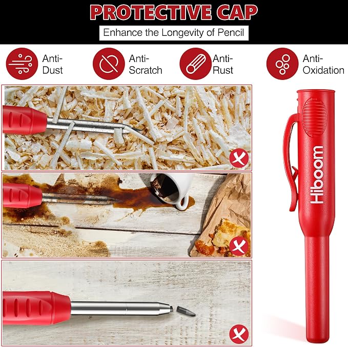 Hiboom 2 Pcs Carpenter Mechanical Pencils Marker with 18 Pcs Refills Construction Woodworking Marking Pens with Built in Sharpener and Protective Cap Long Solid Tip for Architects Woodworkers