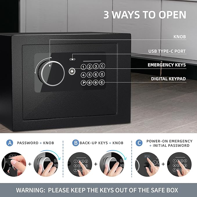 Digital Electronic Money Safe, Steel Security Lock Box with Keypad, Office Hotel Business Jewelry Gun Cash Safe, 0.23 Cubic Feet, 9.06" W x 6.69" D x 6.69" H（black）