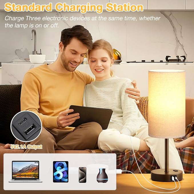 Dicoool 17.4" Bedside Lamp for Bedroom - Dimmable Touch, USB A+C, AC Outlet | LED Bulb Included, 3-Way Dimmable, 17.4" Table Lamp for Living Room, Dorm, Beige Fabric Lampshade, Brown Metal Base