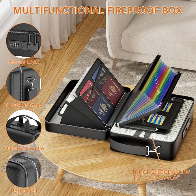 ENGPOW Fireproof Document Box with Lock & 13 Pockets Accordion File Folder | Hard Case File Organizer Home Safe Box with Multi Pockets,Protects Important Documents,Certificates,Laptop,Passports,Black