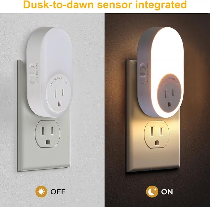 Dawnrise Night Lights Plug Into Wall, Dusk to Dawn Sensor Night Light with Power Outlet, CCT 2200K or 4000K, 5Lm or 20Lm Adjustable Brightness for Bedroom, Kitchen, Living Room, Office, 2PK