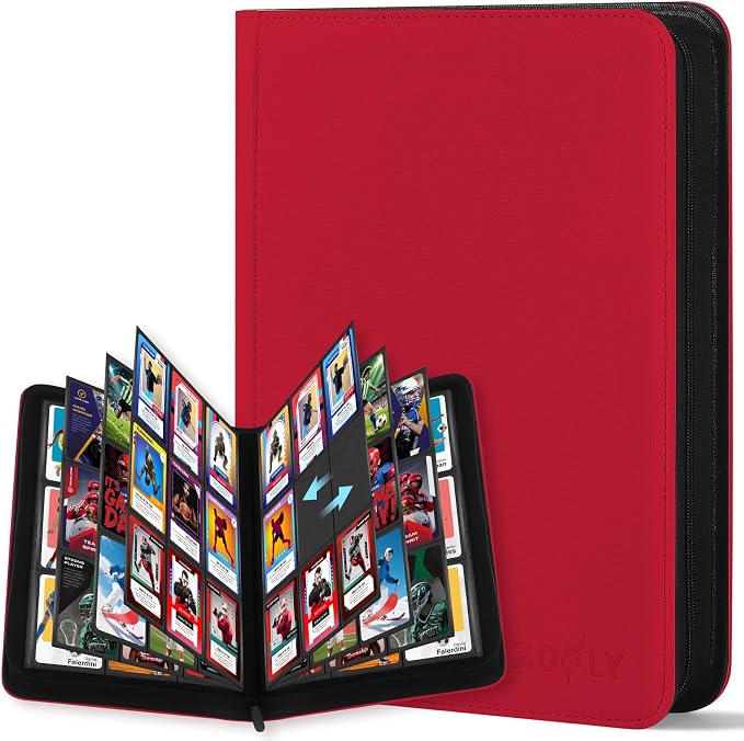 9 Pocket Trading Card Zip Binder, 540 Cards, Premium Baseball Card Storage Album, 30 Side-Loading Pages, Folder for Collectible Games, Sports, TCG, Red