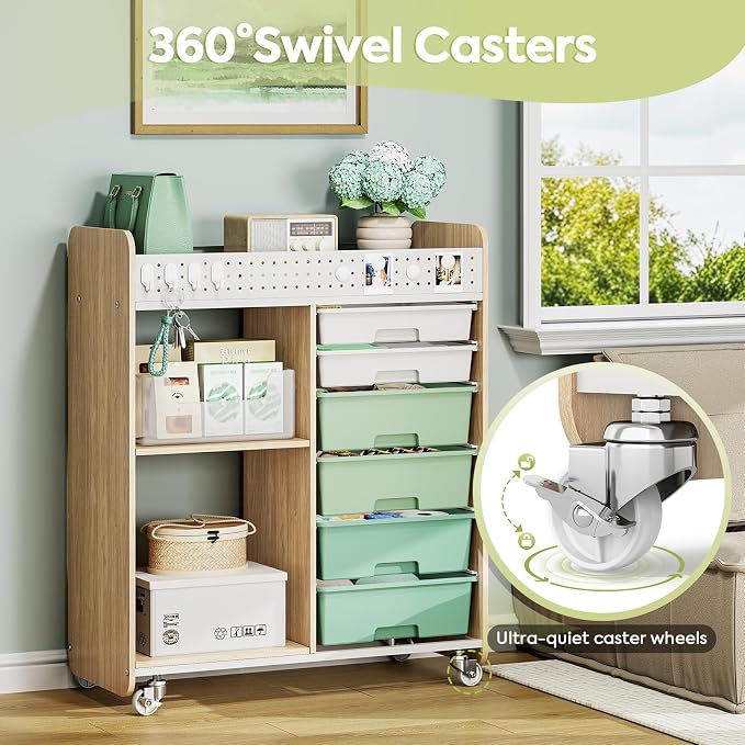 Rolling Craft Cart with 6 Drawers, Pegboard and Locking Wheels Green | Ample multi-zone storage, 2 open shelves, art cart for classrooms, homeschool and offices, sturdy wood-metal frame