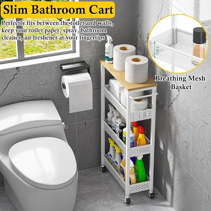 OKZEST Slim Laundry Room Organization Cart with Upgraded Metal Hub Casters | Fits between washer & dryer, 4-Tier space-saving narrow rolling cart, Premium wood top & metal mesh shelf, with handle & hook