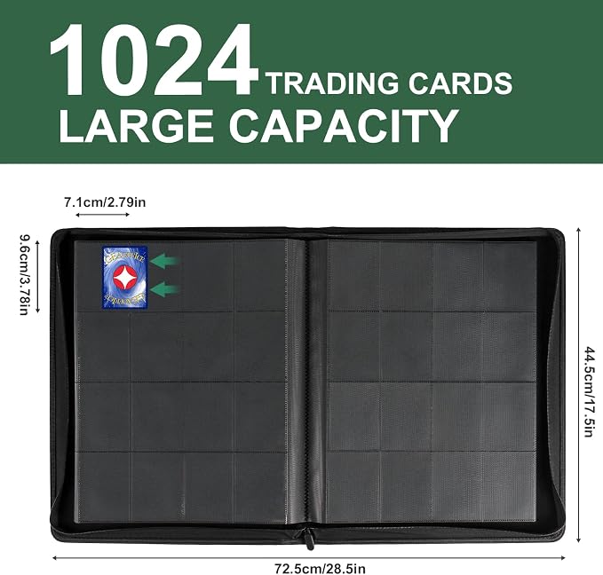 GEAoffice 16 Pocket Trading Card Binder for 1000+ Cards, Ringless Side-Loading 4x4 Card Binder with Zipper Closure, PU Leather 1024 Card Binder for MTG/TCG/Baseball/Sports&Game Cards, Green