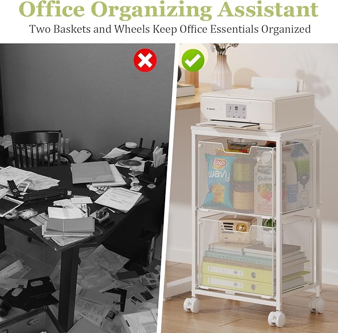 Rolling File Cart with 2 Storage Drawers,Under Desk Storage Cart | Hanging File Folder Organizer with Wheels, Filing Cabinet Mobile Printer Stand Utility Craft Cart for Home Office,White
