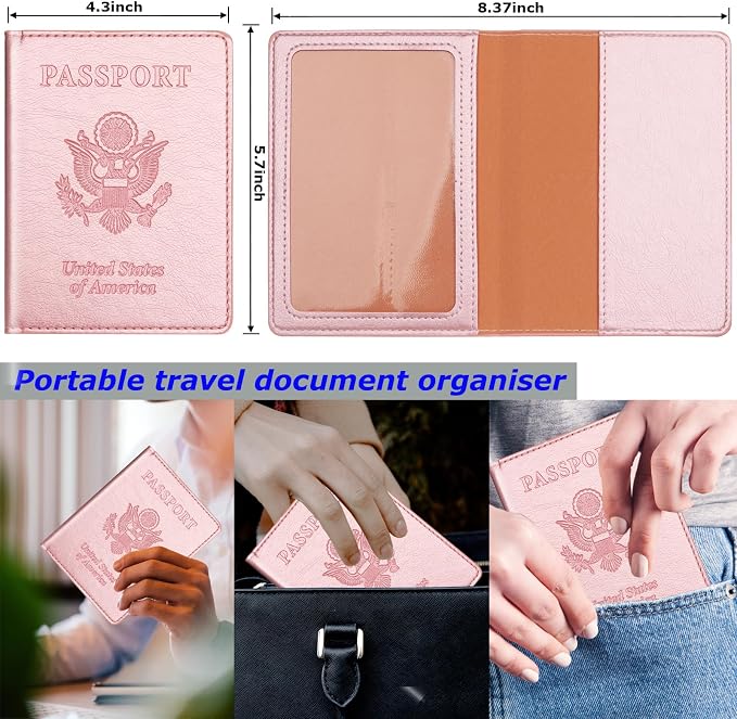 Rose Gold & Gray Passport Holder for Travel, Passport Wallet Cover Case for Family Women Men Cruise Essentials, Travel Must Haves Passports Book Protector