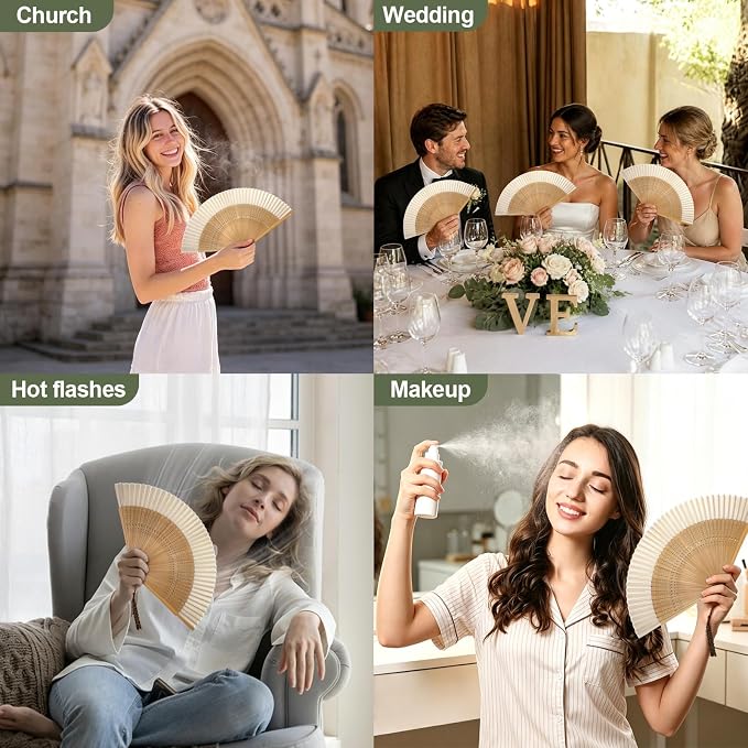 EOSAU Bamboo Hand Fan Foldable 8.3 Inch, Portable Folding Fan with Pouch for Church Wedding Makeup, Small Decorative Cooling Fan for Women (White/Bamboo Frame)