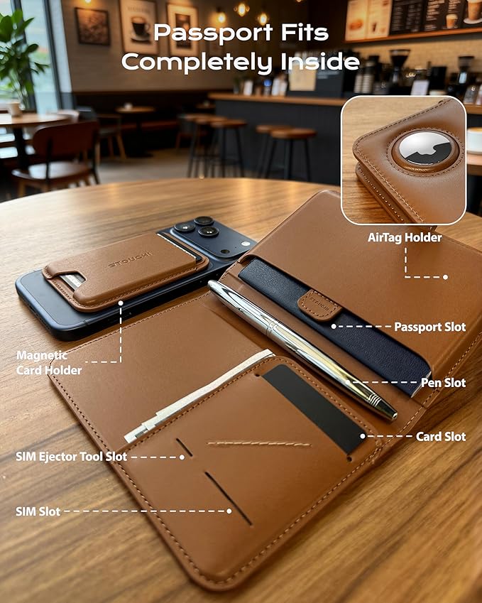 Stouchi AirTag Passport Holder with Pull Strap, RFID Blocking Magnetic Case | Patented 1-sec Pull Strap; Detachable Magnetic Card Wallet; Zero-rattle AirTag Slot; Certified RFID Blocking; Ultra-slim