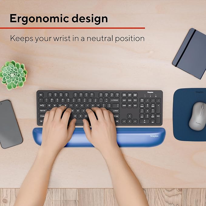 STAPLES Gel Keyboard Wrist Rest, Ergonomic Non‑Slip Wrist Support Cushion for Comfortable Typing, Durable Gel‑Filled Design, Blue Crystal