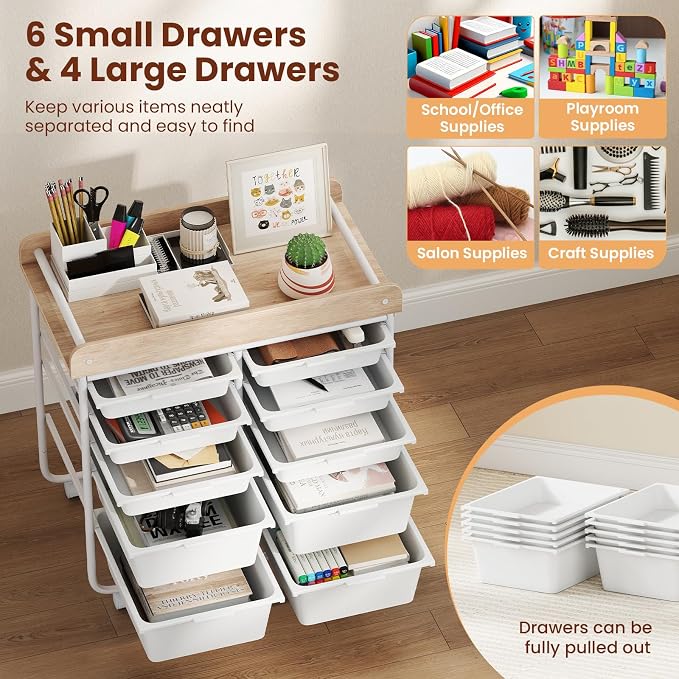 Giantex Rolling Storage Cart with 10 Drawers, Utility Cart w/Wooden Tabletop, Handle, Lockable Wheels, Multipurpose Organizer for Art Craft Scrapbooks Paper, Drawer Carts for Dorm School Office, White